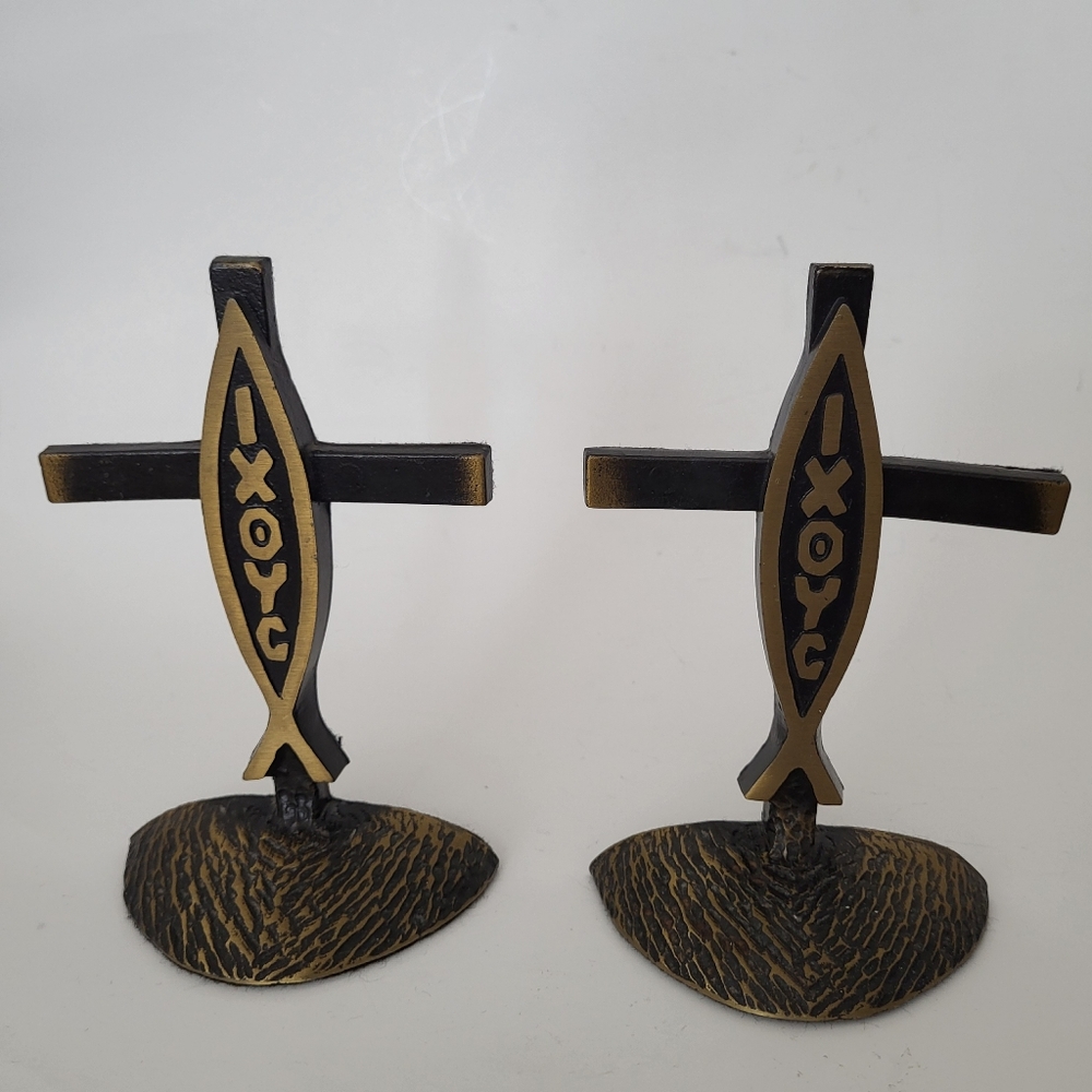 Christian Fish / Ichthys Metal Faux-Bronze, Antique Finish Bookends